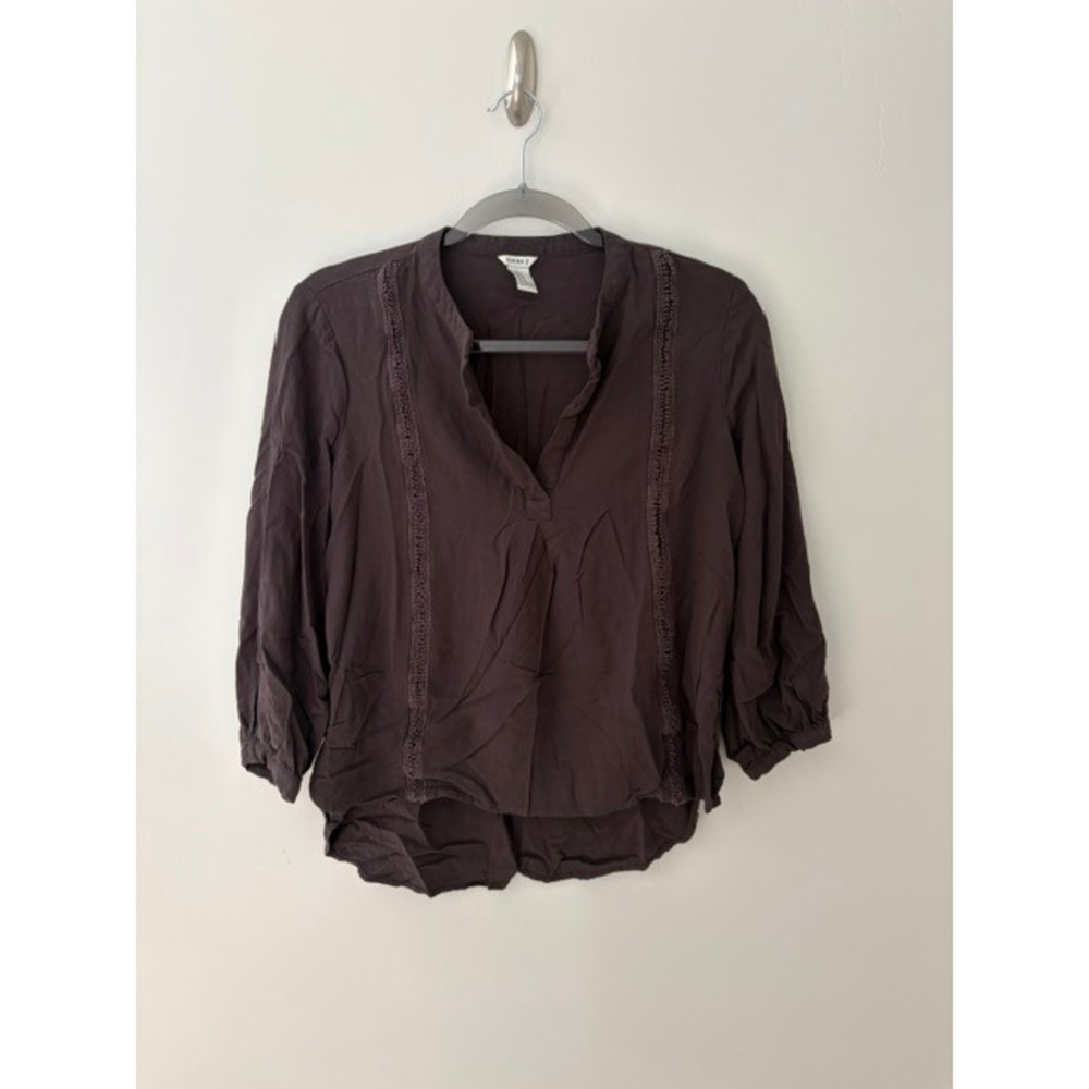 Forever 21 Womens Brown Crochet Lace Trim Split Neck High Low Blouse Size M